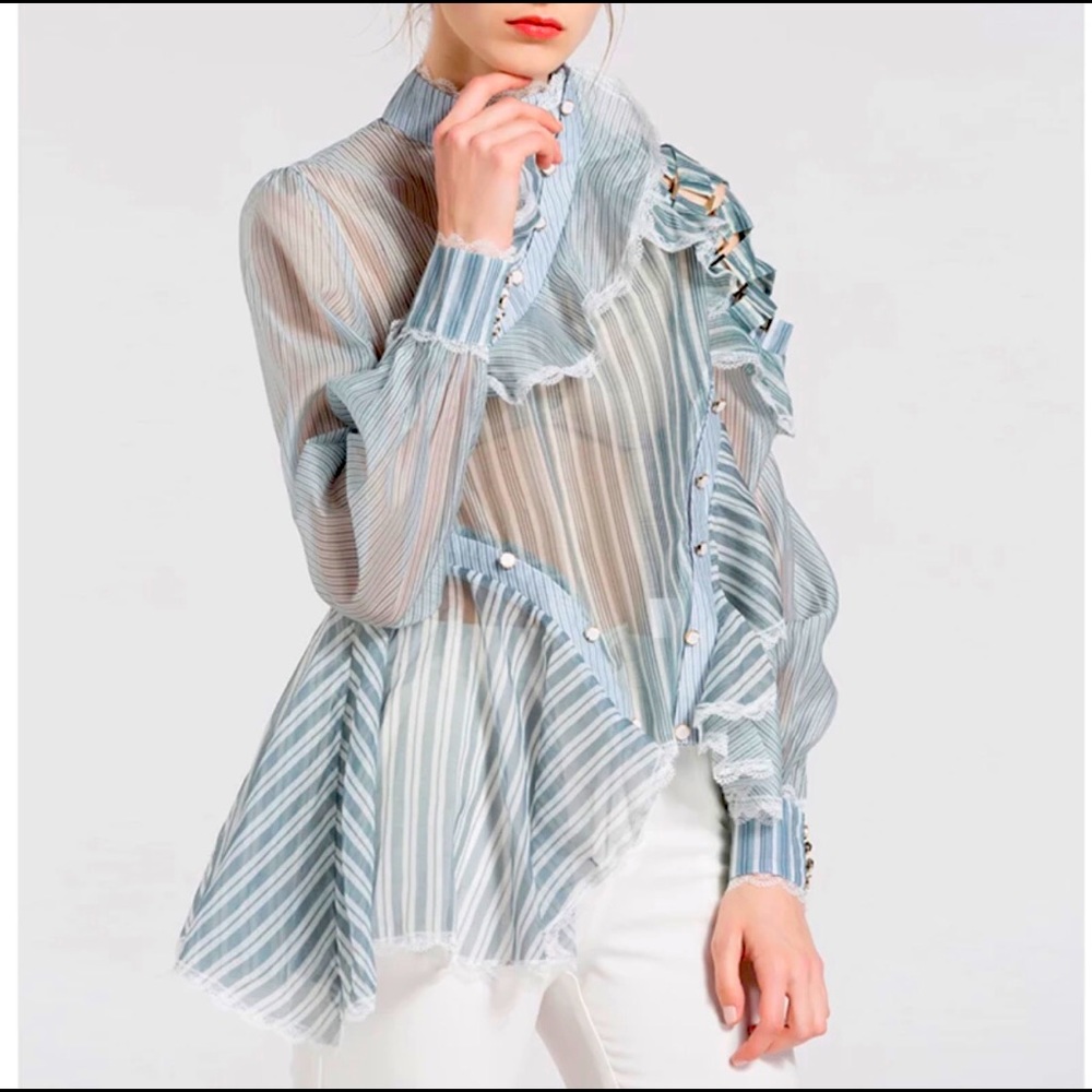 NBW Striped Ruffled Sheer Blouse Long Sleeve Large